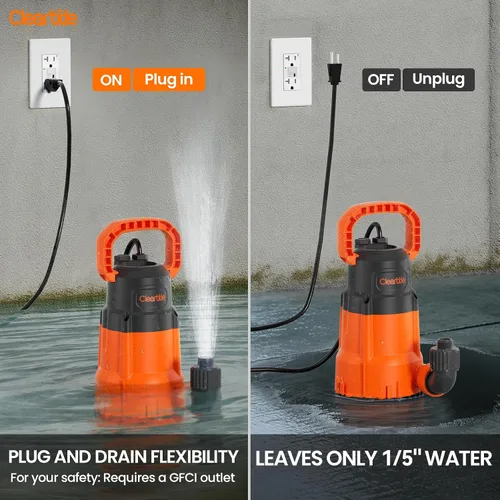 Miniatura 7 de Cleartide Bomba de sumidero sumergible, bomba de agua utilitaria de 1/4 HP para drenaje de piscinas, jacuzzi, sótano, motor 100% de cobre, bomba