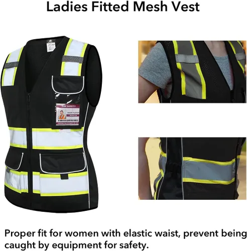 Miniatura 3 de Dib Safety Chaleco de seguridad para mujer con bolsillos, chaleco reflectante de malla de alta visibilidad, ANSI Clase 2 fabricado con cinta Negro