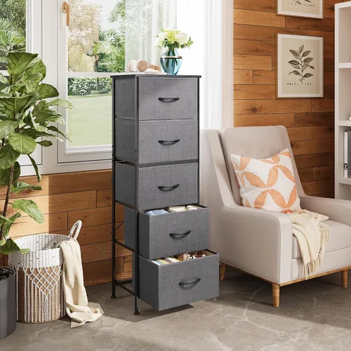 Miniatura 2 de WLIVE Cómoda de tela, cómoda alta de 5 cajones para dormitorio, organizador de almacenamiento con cubos de tela, parte superior de madera, marco