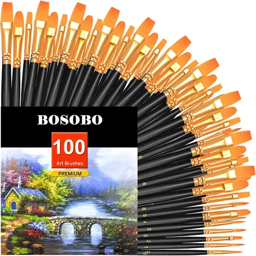 BOSOBO - Juego de pinceles de pintura, 10 paquetes, 100 pinceles de punta redonda de nailon para artistas, pinceles de pintura acrílica para Negro