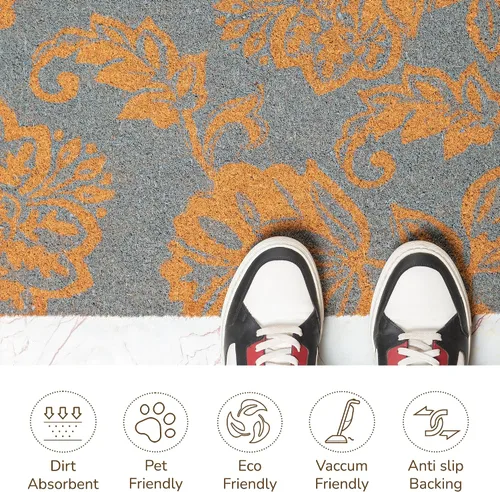 Miniatura 4 de Tapete para puerta de fibra de coco con estampado floral con respaldo de PVC antideslizante, tapete para interiores y exteriores para decoración