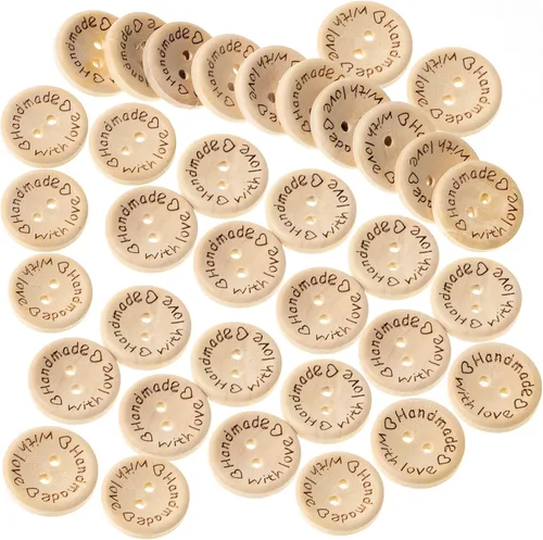 100 bonitos botones de madera para manualidades, 2 agujeros, etiquetas "hechas a mano con amor", etiquetas para coser accesorios de ropa, proyectos