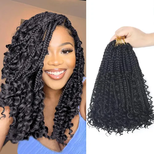 Miniatura 36 de Goddess Box Braids - Trenzas de cabello a ganchillo con extremos rizados, trenzas de caja bohemianas de 16 pulgadas, trenzas de ganchillo, 8 1B-4-30