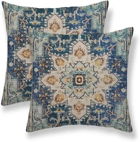 Miniatura 9 de Juego de 2 fundas de almohada bohemias de 16 x 16 pulgadas, color negro y marrón, fundas de almohada con patrón de alfombra étnica rústica, fundas