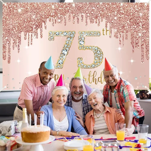 Miniatura 5 de Cartel de cumpleaños 75 para mujer, decoración de fondo de fiesta de cumpleaños de 75 años de oro rosa, póster de cumpleaños de 75 años, decoración