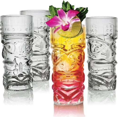 Lily's Home Juego de 4 vasos Tiki – Ideal para cócteles exóticos, Highball – Juego único de vasos Tiki Bar y Bar de cocina, juego de vasos de vidrio