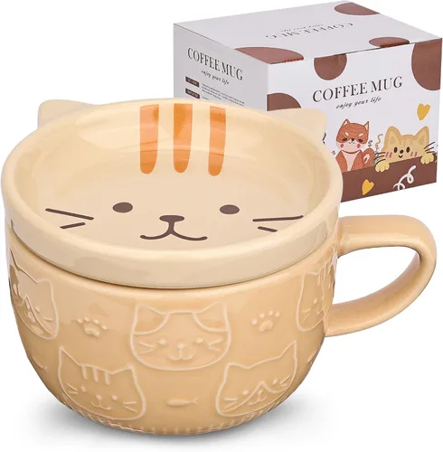 Linda Taza de Café de Cerámica con Gato con Tapa, Tazas de Café Kawaii o Tazas de Té para Amantes de los Gatos, Divertidos Tazones de Desayuno con