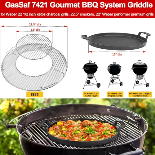 Miniatura 4 de GasSaf 7421 Gourmet BBQ System Plancha para Weber 22 1/2 pulgadas Original Kettle Premium Grills, ahumadores de 22.5 pulgadas, inserto de parrillas