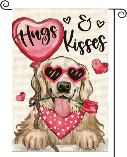 AVOIN colorlife Bandera de jardín de perro para el día de San Valentín, 12 x 18 pulgadas, Golden Retriever Hugs Kisses de doble cara, aniversario,