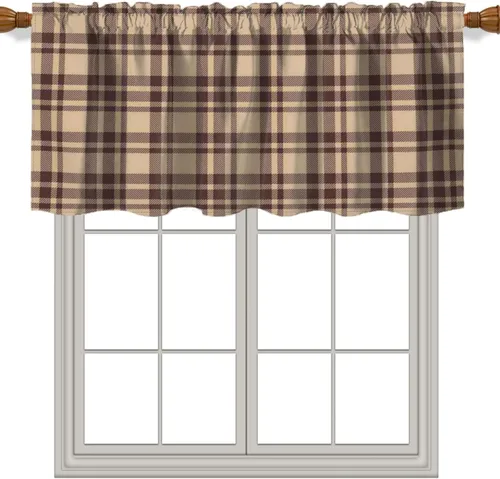 Cortinas con cenefas temáticas geométricas, patrón geométrico a cuadros para sala de estar, cenefa para ventanas con bolsillo para barra, cenefa de