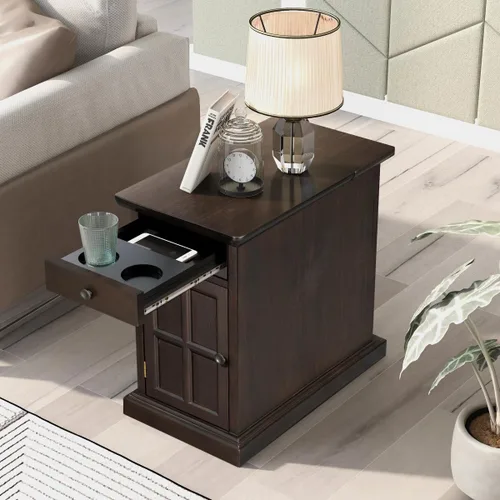 Miniatura 9 de Mesa auxiliar moderna de 2 niveles con estante tejido, mesa auxiliar pequeña bohemia para sala de estar, sofá, patio, oficina en casa, mesa Nogal_2