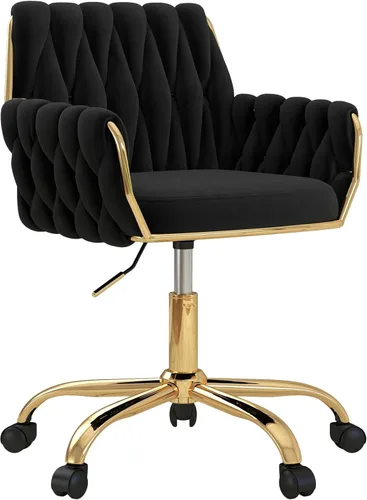 Miniatura 13 de Silla de terciopelo para oficina en casa, moderna silla de tocador de altura ajustable con base dorada y respaldo tejido a mano para dormitorio