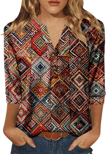 Miniatura 12 de Dimur Camisetas de manga 3/4 con cuello en V y botones para mujer, traje casual de negocios, camiseta básica de verano 2025