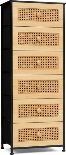 Crestlive Products Cómoda de ratán, torre de almacenamiento alta de tela, cómoda con asas, unidad organizadora para dormitorio, pasillo, entrada,