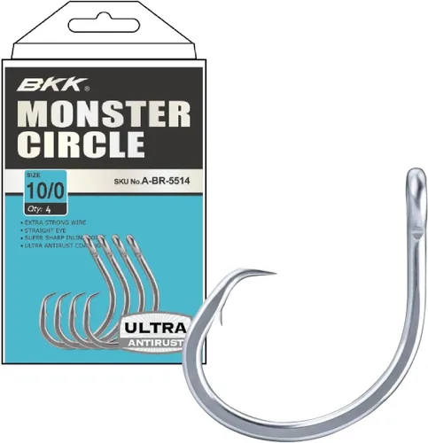 BKK Gancho Monster Circle | 4X | Revestimiento ultraantioxidante de agua salada | Punta de gancho de aguja | Mango forjado | Cebo de arrastre y vivo