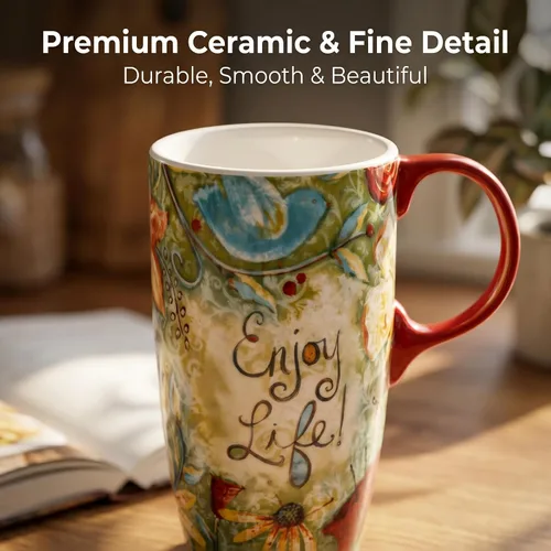Miniatura 8 de CEDAR HOME Taza de Café de Cerámica de Porcelana con Tapa para Lata de Té 17oz. Disfruta de la Vida