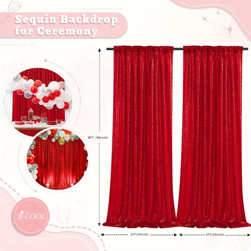 Miniatura 5 de Cortinas con lentejuelas doradas, 2 unidades de 2 x 8 pies, con brillantina, telón de fondo para bodas Rojo