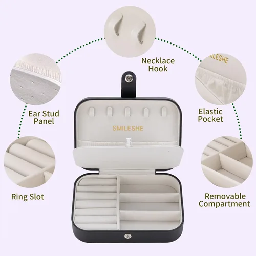 Miniatura 2 de Smileshe Joyero estuche de viaje portátil pequeño de piel sintética organizador de 2 capas cajas de almacenamiento para anillos aretes collares