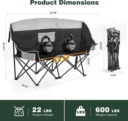 Miniatura 3 de SunnyFeel Silla de Camping Doble Plegable, Silla Loveseat de Gran Tamaño, Silla de Jardín Portátil/Plegable de Servicio Pesado con Negro-enfriador