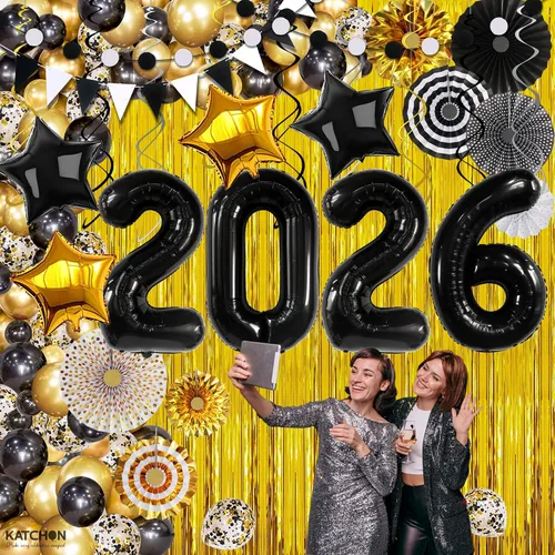 Miniatura 7 de KatchOn, Juego de decoraciones de Año Nuevo 2026 negro y dorado, paquete grande de 115 unidades, kit de arco de globos de Feliz Año Nuevo, globos
