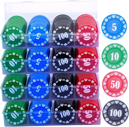 Miniatura 10 de Juego de fichas de póquer de plástico con caja de almacenamiento, denominación impresa estilo casino chip para noches de juego en casa de Texas, 300