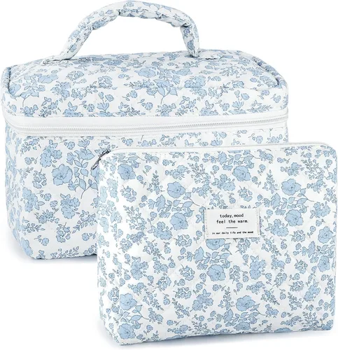 Miniatura 16 de URSKYTOUS Juego de 3 Bolsas de Maquillaje Acolchadas, Set de Bolsas de Cosméticos con Lazo para Viaje, Bolsa Grande de Maquillaje para Mujeres