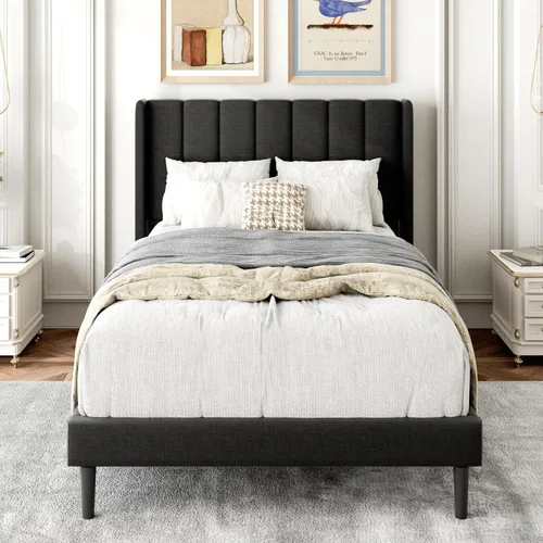 Miniatura 34 de Gruwans Estructuras de Cama Individual con Cabecera Wingback, Camas de Plataforma Tapizadas, No Necesita Somier, Soporte Resistente de Listones