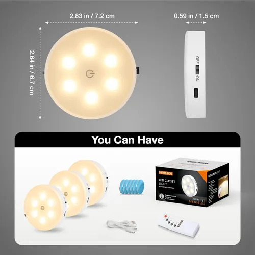 Miniatura 7 de Luces de disco con control remoto, iluminación recargable de 1000mAh para debajo del gabinete, juego de 3 luces LED para armario con encendido