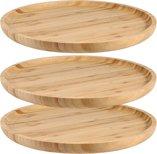 Miniatura 12 de JOIKIT Paquete de 3 Bandejas Redondas de Bambú de 8 Pulgadas, Platos Redondos de Madera Finamente Pulida, Bandeja de Servir de Bambú para Sostener