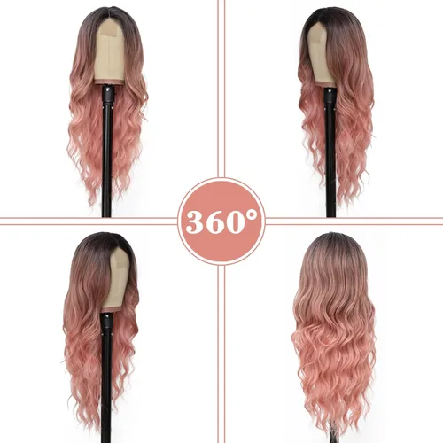 Miniatura 3 de NAYOO Peluca larga ondulada rosa degradado para mujer, de 26 pulgadas, parte media, rizada, ondulada, de aspecto natural, fibra sintética resistente