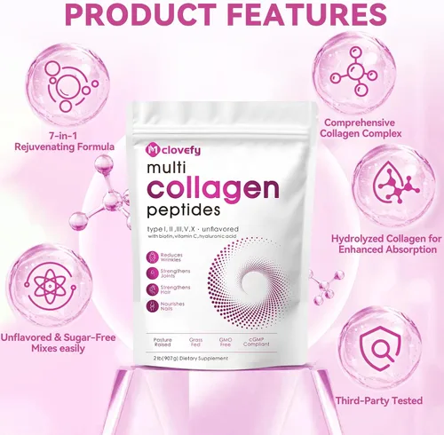 Miniatura 4 de Proteína en polvo multicolágeno, 2 libras, sin sabor, con ácido hialurónico y vitamina C, soporte para la piel, el cabello y las articulaciones, 32