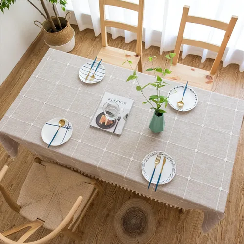 Miniatura 12 de Dimatic Mantel de Algodón y Lino de Peso Pesado - Mantel Redondo de 60 Pulgadas - Cubierta de Mesa con Costura de Borlas para Decoración de Beige
