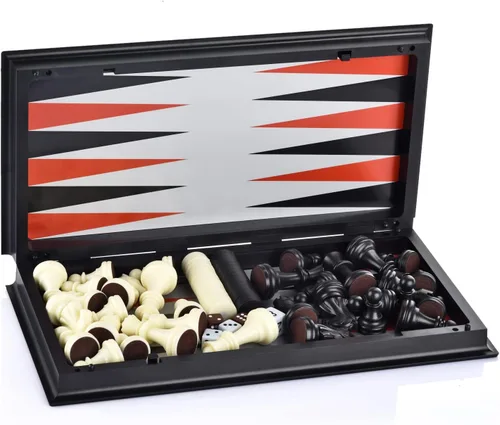 Miniatura 3 de Juego de mesa de backgammon magnético 3 en 1 con tablero plegable de 12.5 pulgadas para niños y adultos (Ajedrez: blanco y negro)