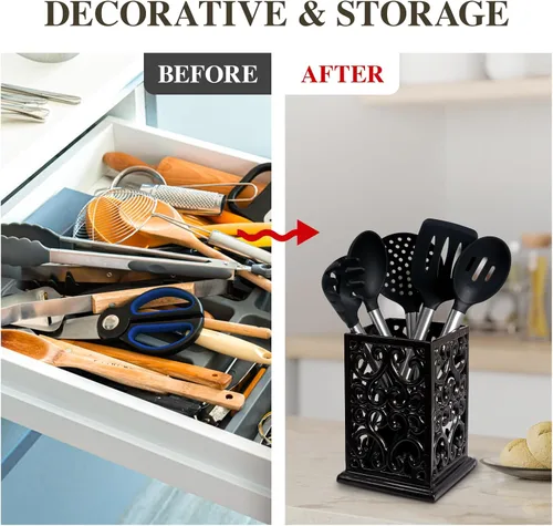Miniatura 5 de jogreful Soporte para utensilios de cocina de hierro fundido para encimera, organizador de utensilios extra grande con base pesada, decoración