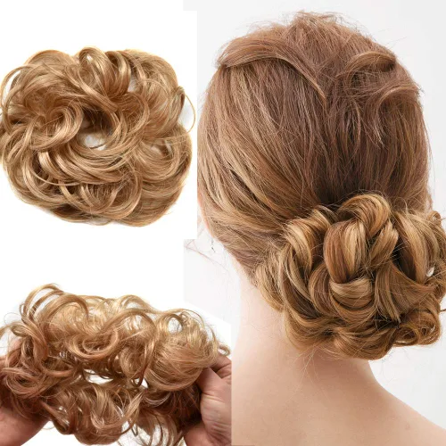 Miniatura 9 de Extensiones de cabello de moño desordenado, rizado, ondulado, sintético, con moño, recogido, para mujeres y niñas (R12# castaño caoba)