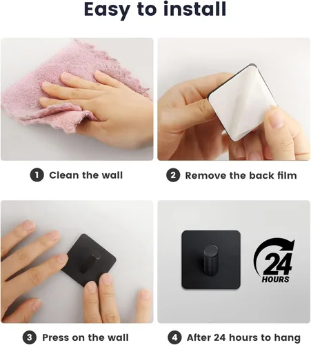 Miniatura 6 de xdgeLoad Ganchos para toallas de baño, 4 unidades, ganchos de pared resistentes para baños, abrigos, batas, cocina, ganchos autoadhesivos sin Negro