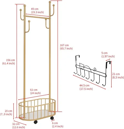 Miniatura 3 de Perchero de Ropa Dorado con Ruedas Perchero Rodante con Cesta de Almacenamiento Perchero de Abrigos de Metal Móvil Soporte Perchero Moderno