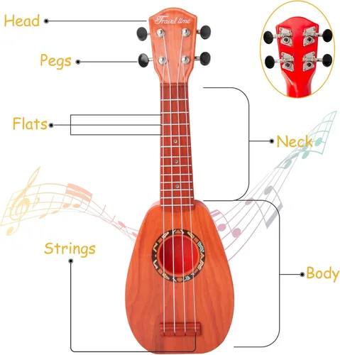 Miniatura 4 de YOLOPARK Guitarra de juguete para niños de 17 pulgadas para niñas y niños, mini guitarra ukelele con 4 cuerdas que mantienen los tonos, puede tocar