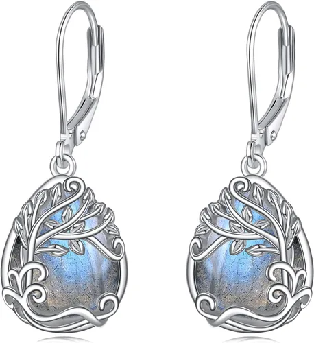 Miniatura 150 de Aretes colgantes con forma de lágrima de filigrana de piedra lunar de plata de ley 925 con cierre de palanca para mujer, regalos de joyería