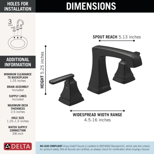 Miniatura 4 de Delta Ashlyn 3564-BLMPU-DST - Grifo de baño negro mate de 3 agujeros, 8 pulgadas para tocador, montaje de drenaje de metal Push-Pop, negro mate