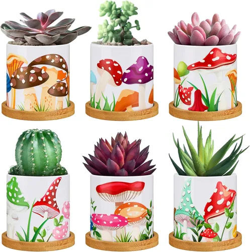 Gejoy 6 macetas coloridas de hongos con bandejas de bambú extraíbles, macetas para suculentas, macetas vintage retro para ideas de regalo,