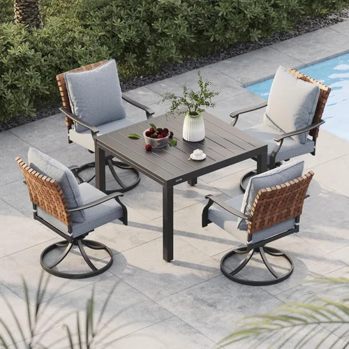 Miniatura 9 de Grand patio Juego de comedor de exterior de 5 piezas, 4 sillas de patio giratorias de mimbre con aspecto de cuero y 1 mesa de comedor cuadrada