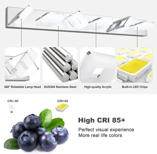 Miniatura 4 de GOODATE Lámparas de baño regulables de 3 colores sobre el espejo, luces LED cromadas, de acero inoxidable acrílico, 6 luces de tocador de baño