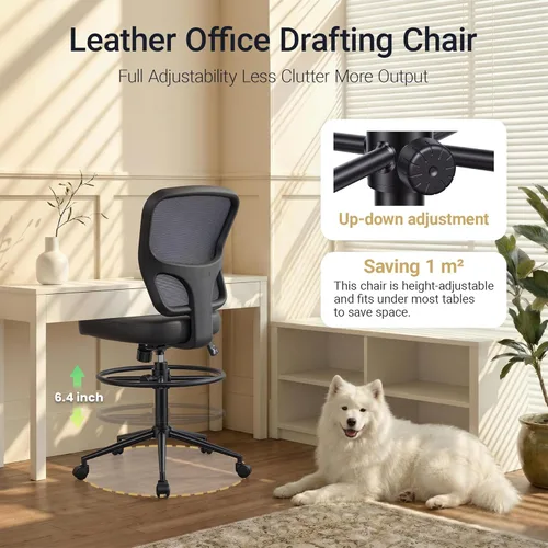 Miniatura 5 de HYLONE Silla de oficina sin brazos con reposapiés, silla de escritorio giratoria de piel sintética, silla de dibujo de altura ajustable para oficina
