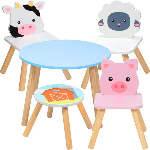 Juego de mesa y silla de animales de madera para niños con 4 asientos, lindo para artes y manualidades de Pascua, ovejas de cerdo de vaca y taburete
