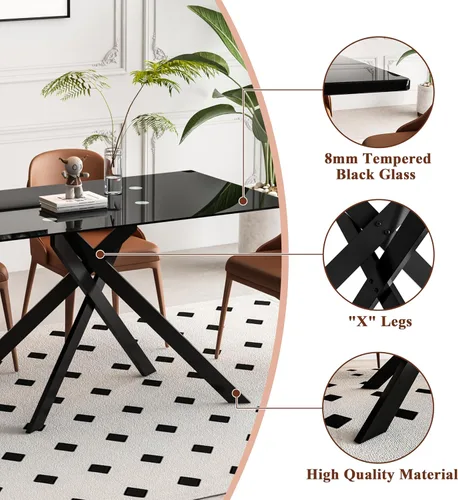 Miniatura 7 de Mesa de comedor de vidrio negro de 51.2 pulgadas para 4, mesa rectangular de comedor de cocina para 4, mesa rectangular de vidrio templado de 0.32