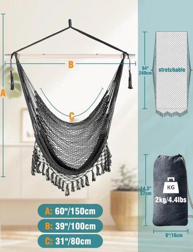 Miniatura 4 de Chihee Silla Hamaca Colgante Súper Grande de Tejido de Cuerda de Algodón Hilado Suave, Barra Separadora de Metal Fuerte Plegable Asiento Ancho