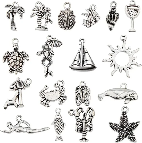 Miniatura 8 de SUNNYCLUE 1 caja de 72 piezas de 12 estilos de dijes plateados del océano Hawaii Beach Charm a granel estilo tibetano aleación tortuga marina sol