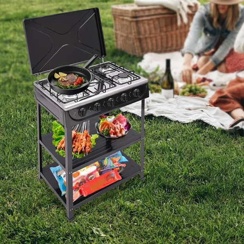 Miniatura 3 de Estufa de gas natural de 5 quemadores, soporte extraíble, estufa de gas portátil para cocina, RV, apartamento, cocina al aire libre (negro)