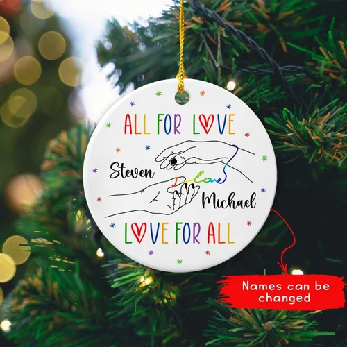 Miniatura 4 de All for Love - Adorno de cerámica LGBT arcoíris para Navidad 2025, adorno de Navidad personalizado para parejas, orgullo gay/lesbiano, adorno